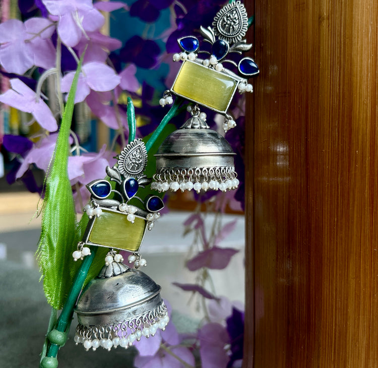 Yellow Silver Oxidised Jhumka