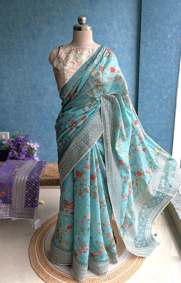 Powder Blue Digital Printed Chanderi Sari