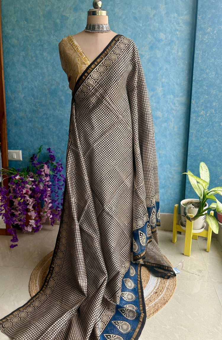Checks Hand Block Printed Chanderi Sari