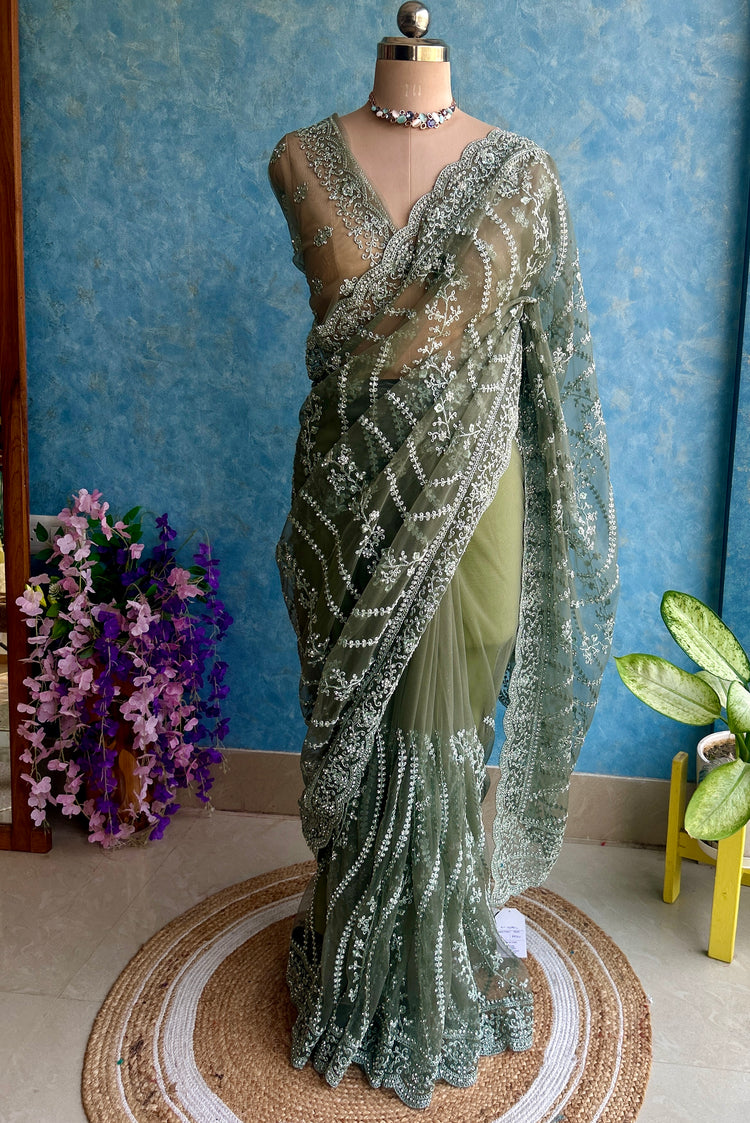 Seaweed Green Embroidery on Net Sari
