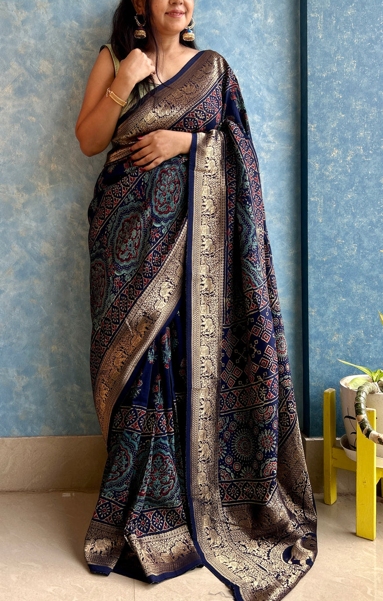 INDIGO AJRAK BLOCK PRINTED DOLA SILK SARI