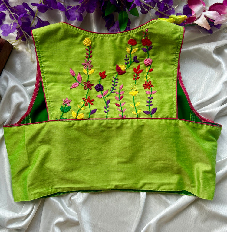 Neon Green Embroidered  Designer Cotton Blouse