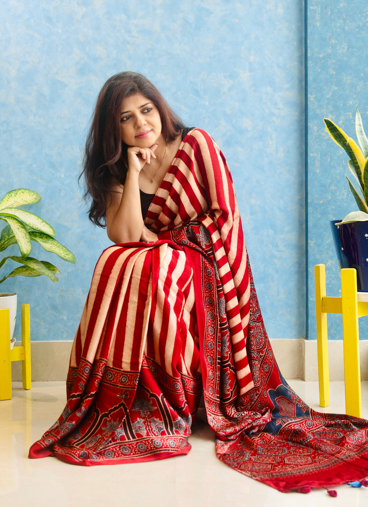 RUBY RED AJRAK BLOCK PRINTED MODAL SILK SARI