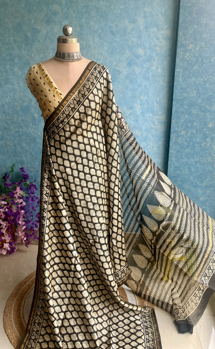 Beige Hand Block Printed Chanderi Sar