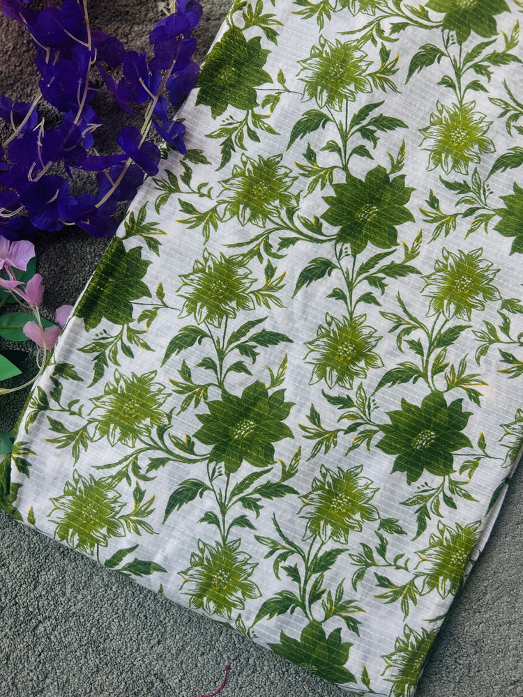 White Ajrakh Print with kantha stitch on Cotton Fabric