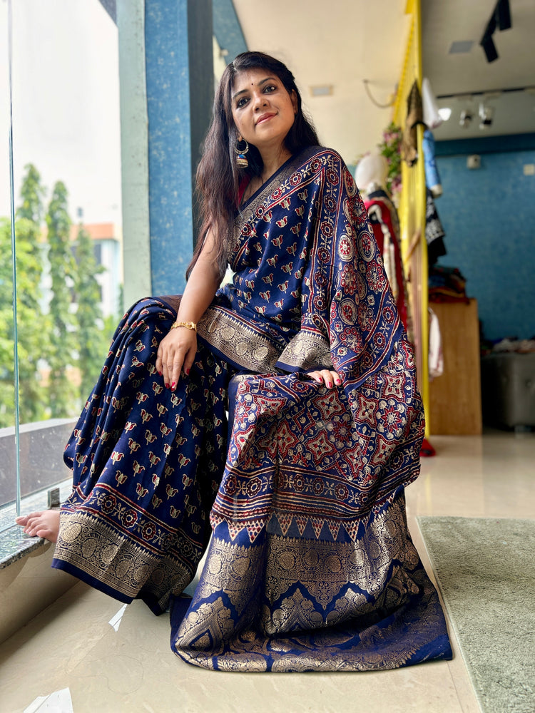 INDIGO AJRAK BLOCK PRINTED DOLA SILK SARI