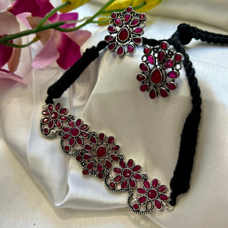 Pink Oxidised Choker Set
