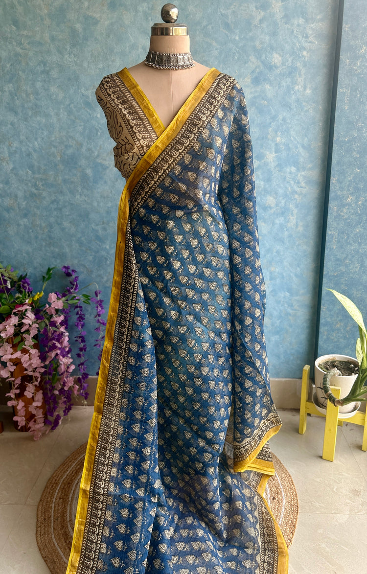 Steel Blue HandBlock Printed Kota Sari