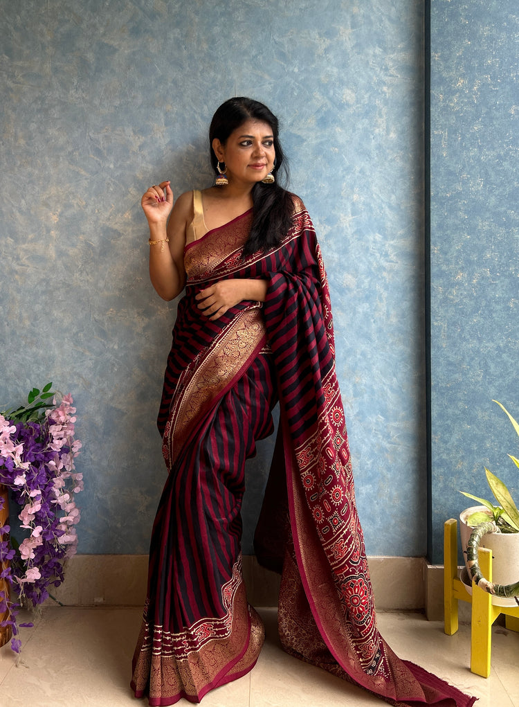 MAROON AJRAK BLOCK PRINTED DOLA SILK SARI