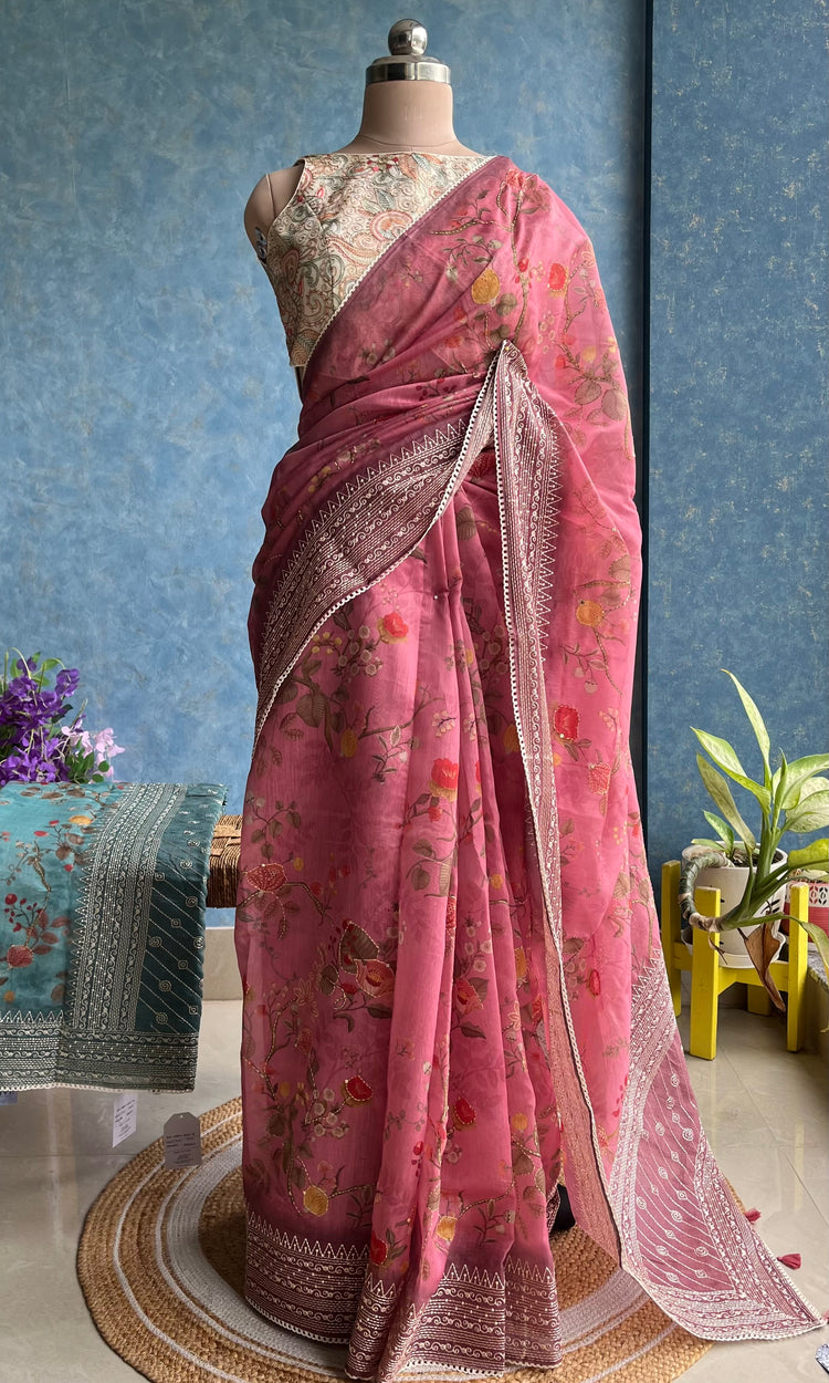 Salmon Digital Printed Chanderi Sari