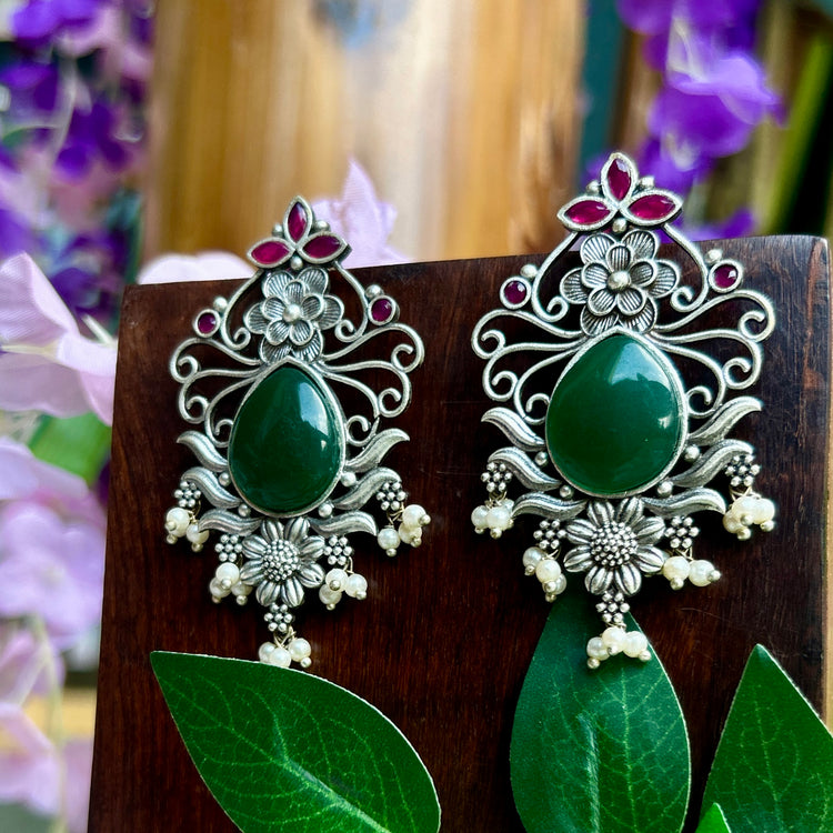 Opal Green Silver Oxidised Earrings