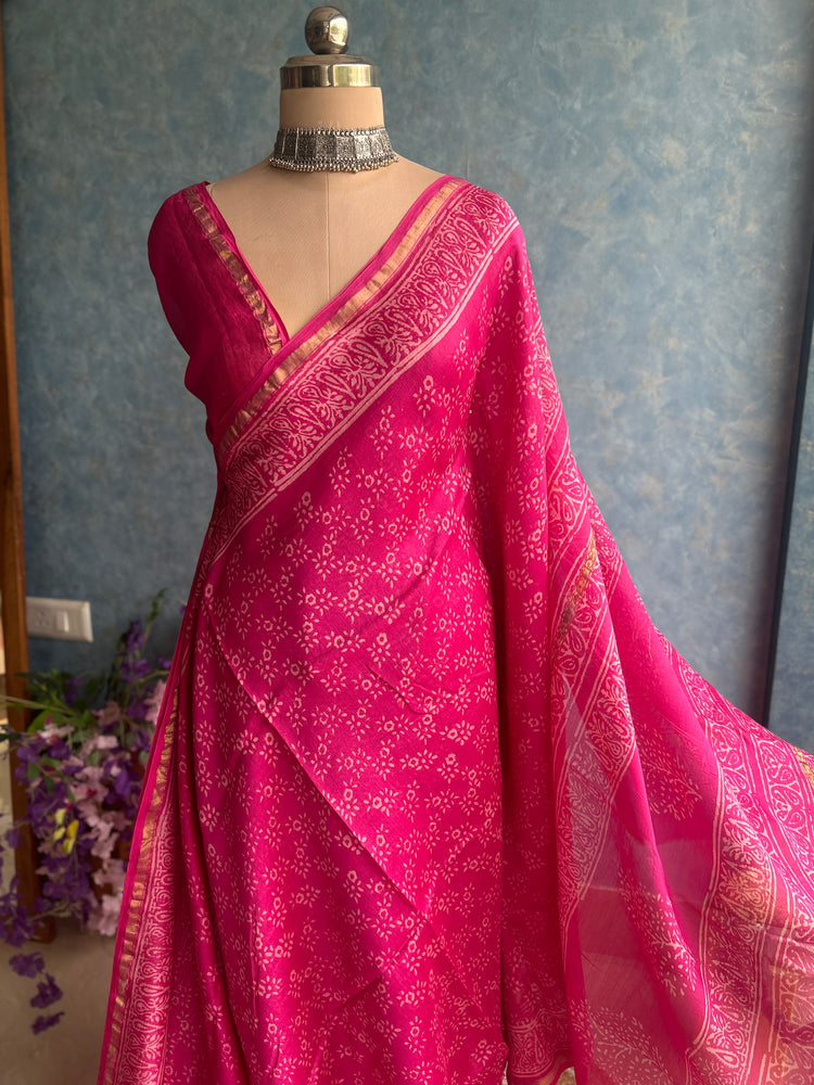 Pink Hand Block Printed Chanderi Sar