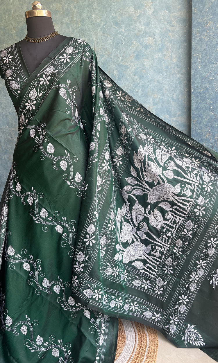 Bottle Green Kantha Saree
