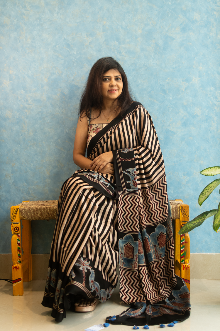 BLACK AJRAK BLOCK PRINTED MODAL SILK SARI