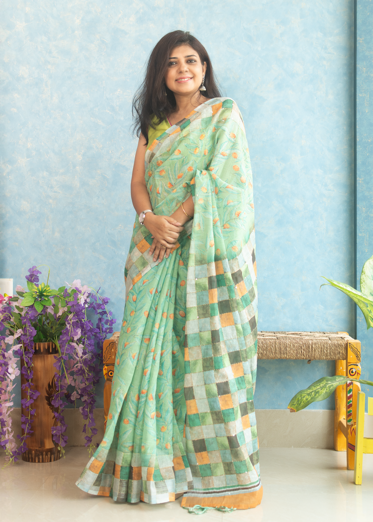 Linen Floral Print with Kantha stitch