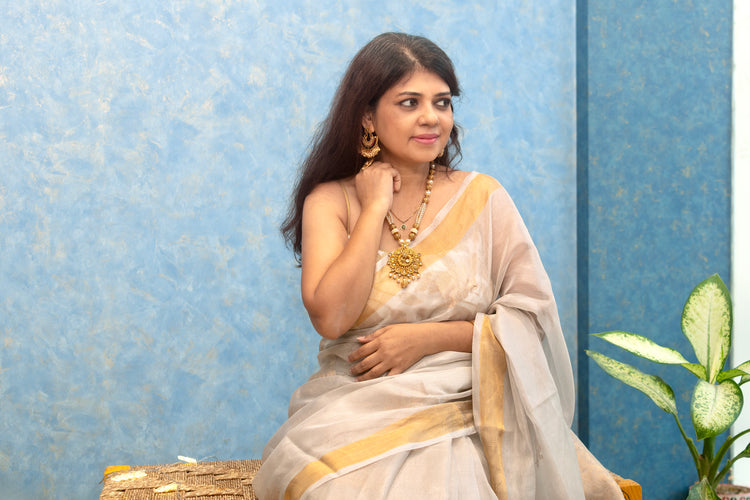 Perl White Tissue Tussar Silk Sari