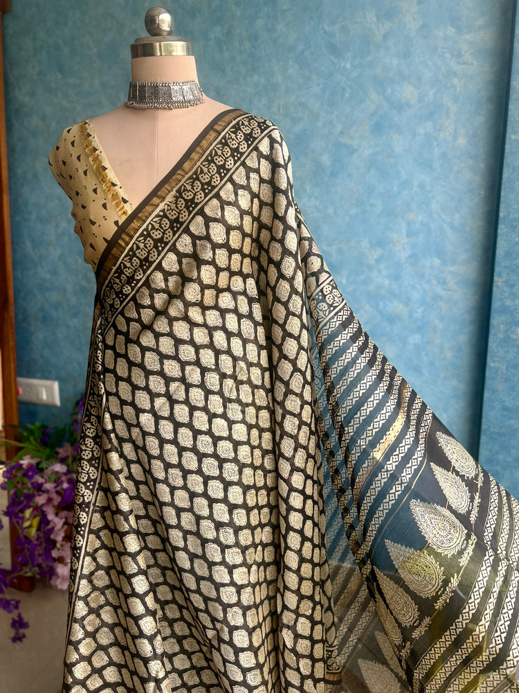 Beige Hand Block Printed Chanderi Sar