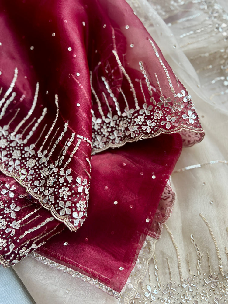 Maroon and Perl Colour Hand Embroidery on Organza Sari