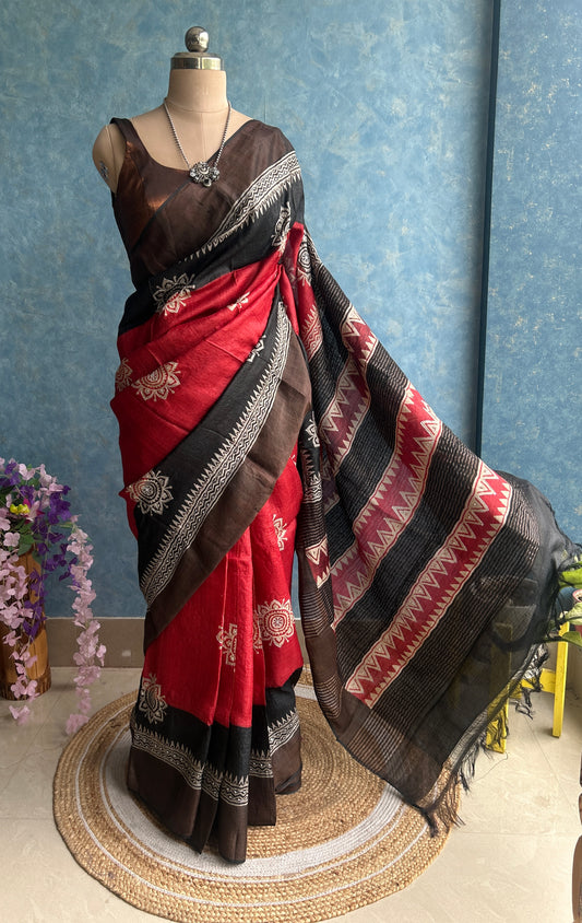 Red Black Handblock With Hand Embroidery on Pure Tussar Silk