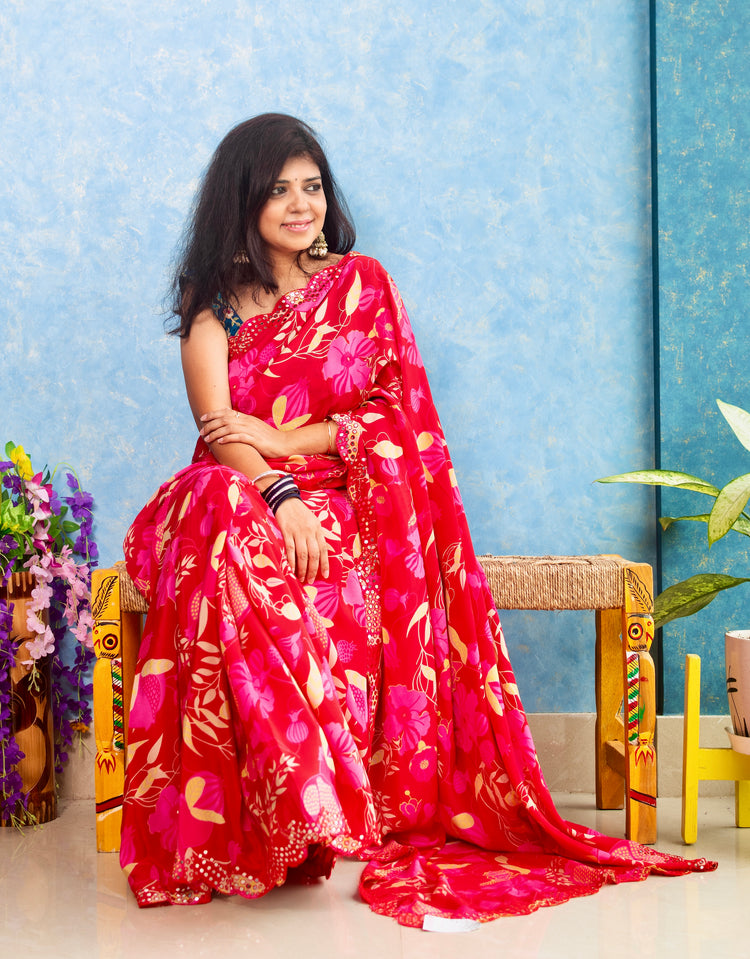 Ruby Pink Crape Saree with Mirror Work and Scallop Border