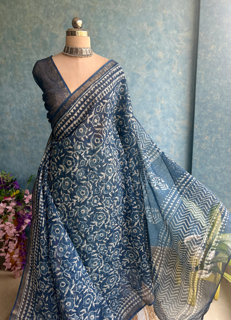 Indigo HandBlock Printed Kota Sari