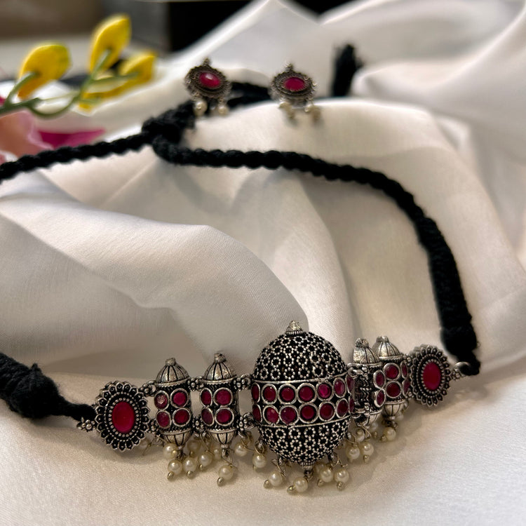 Deep Pink Stone Oxidised Choker Set