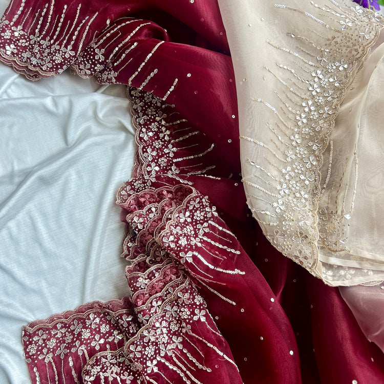 Maroon and Perl Colour Hand Embroidery on Organza Sari