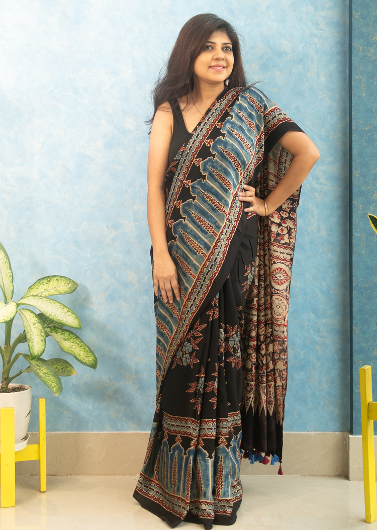 BLACK AJRAK BLOCK PRINTED MODAL SILK SARI