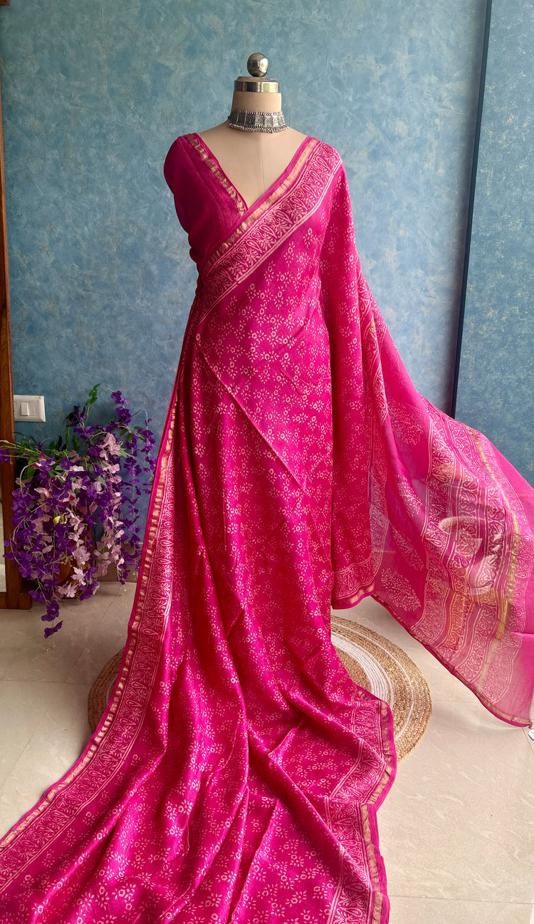 Pink Hand Block Printed Chanderi Sar