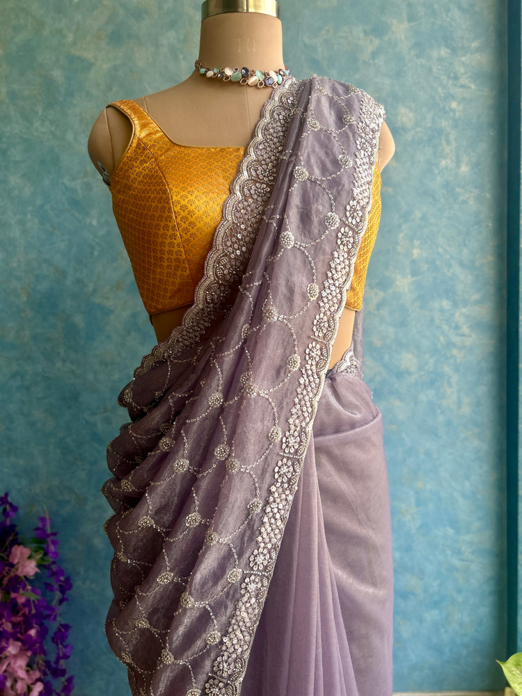 Light Purple Hand Embroidery on Tissue Sari
