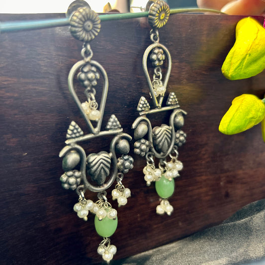Green Beads Silver Oxidised Earrings