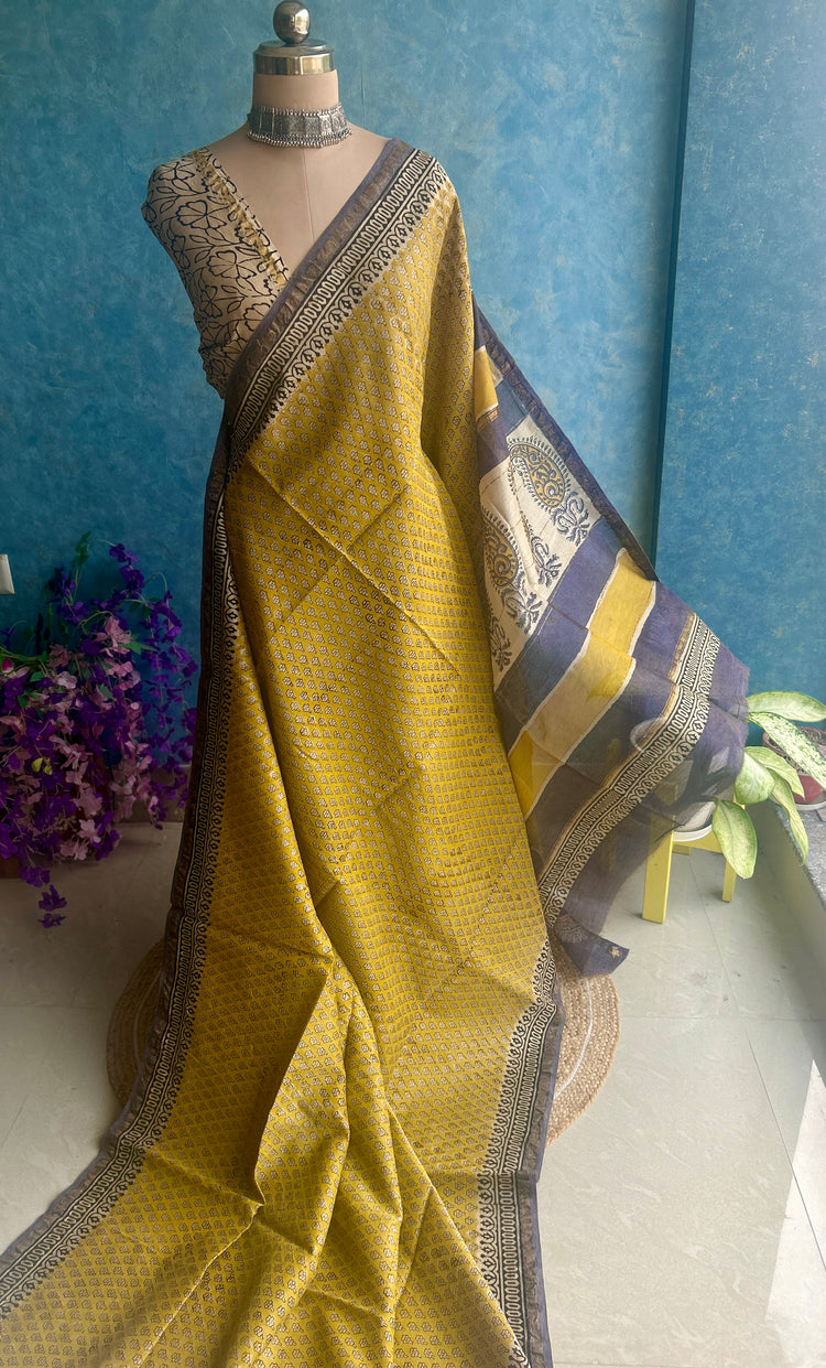 Titanium Hand Block Printed Chanderi Sar