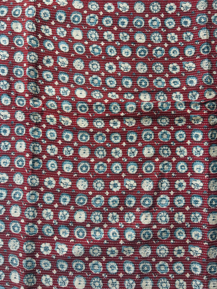 Maroon Ajrakh Print with kantha stitch on Cotton Fabric