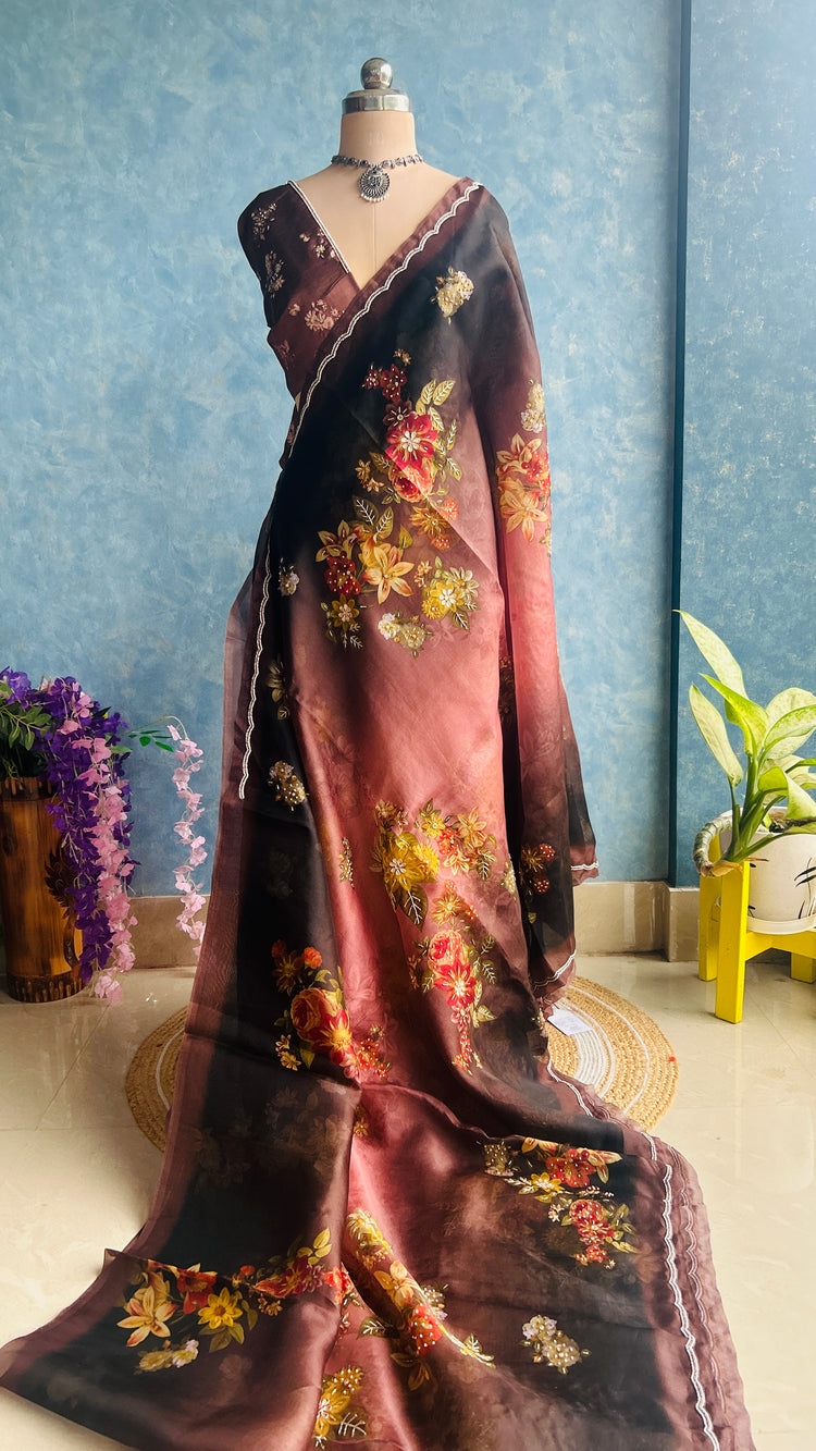 Cocoa and Rosy Color Kora Handwoven Pure Silk by Silk Sari
