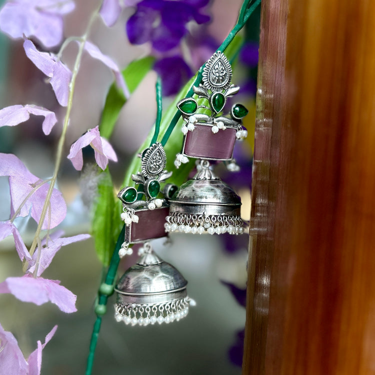 Baby Pink Silver Oxidised Jhumka