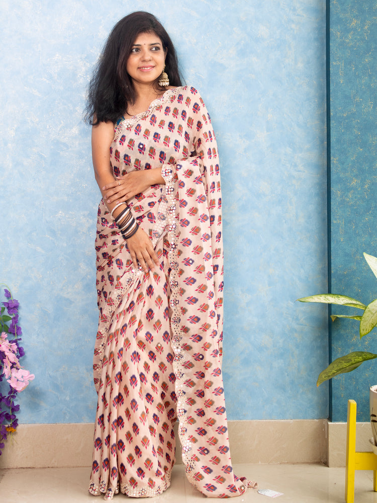 Chic Peach Chinon Crepe Saree with Mirror Work and Scallop Border