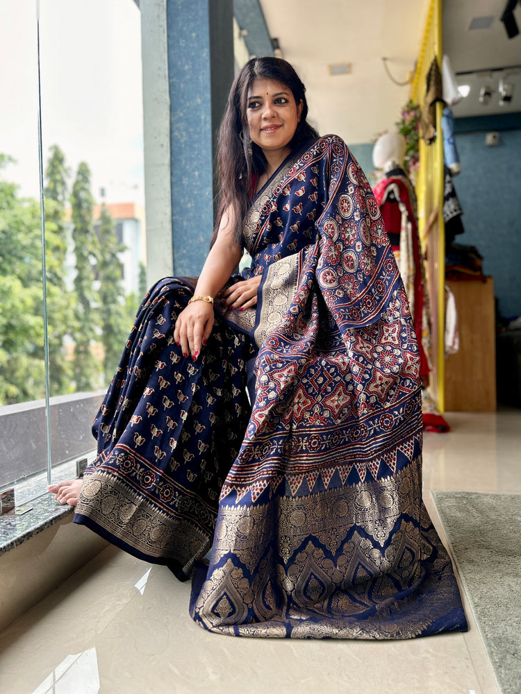 INDIGO AJRAK BLOCK PRINTED DOLA SILK SARI