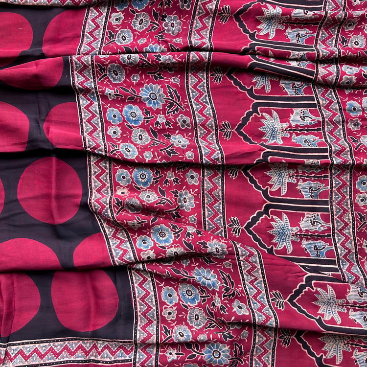MAROON AND BLACK AJRAK BLOCK PRINTED MODAL SILK SARI