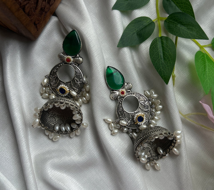 Green Silver Oxidised Jhumka