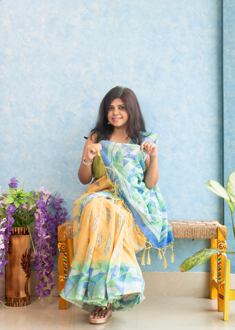Linen Floral Print with Kantha stitch