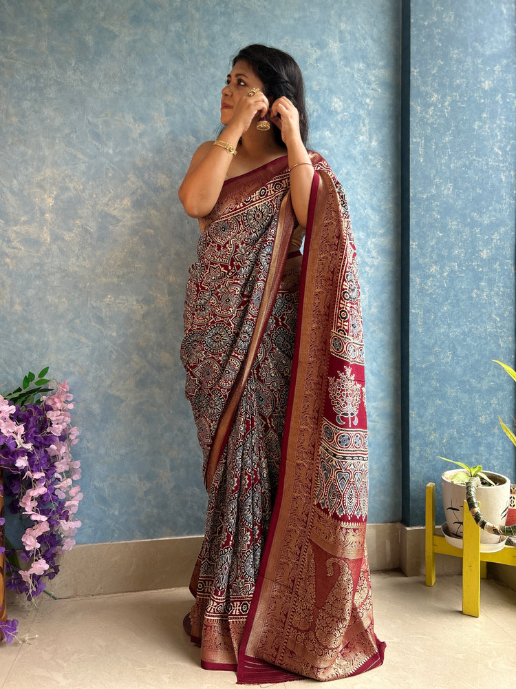 MAROON AJRAK BLOCK PRINTED DOLA SILK SARI