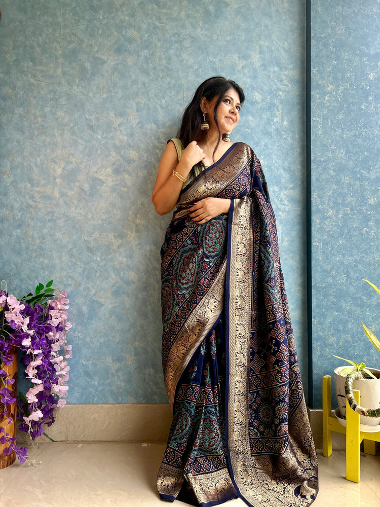 INDIGO AJRAK BLOCK PRINTED DOLA SILK SARI