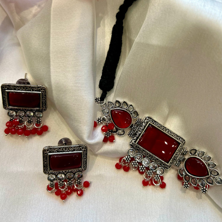 Maroon Kundan Oxidised Choker Set