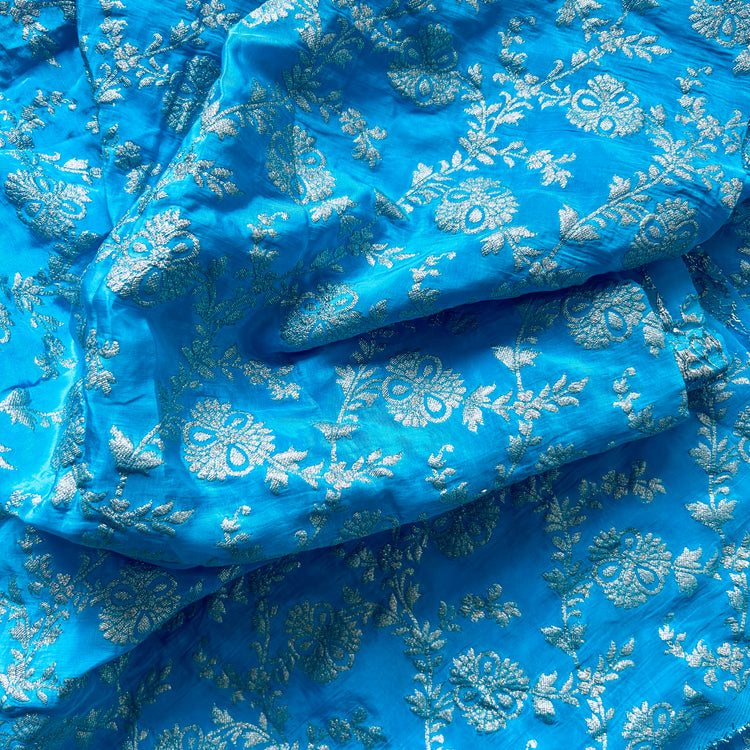 Sky Blue Crepe Jacqaurd Zari Woven Fabric