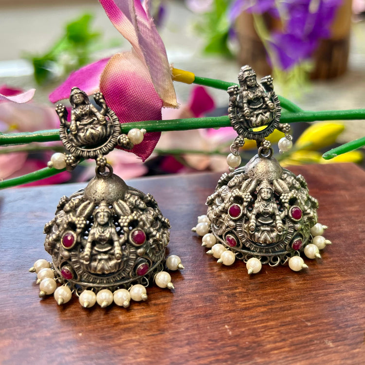 Pink Stone Silver Oxidised Jhumka