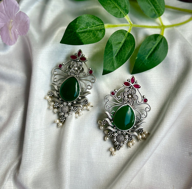 Opal Green Silver Oxidised Earrings