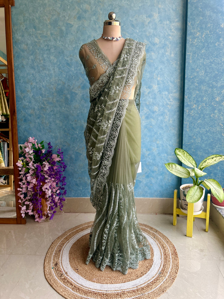 Seaweed Green Embroidery on Net Sari