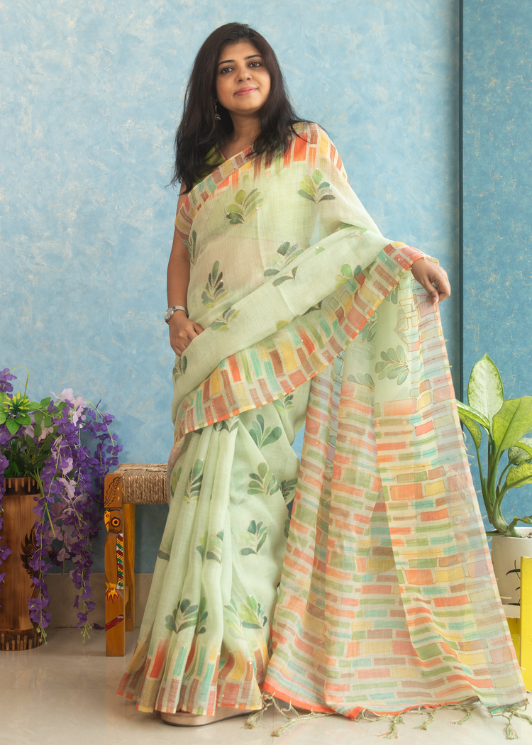 Linen Floral Print with Kantha stitch