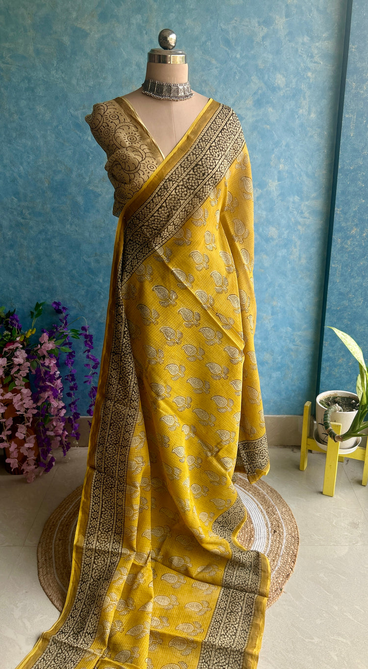 Yellow HandBlock Printed Kota Sari