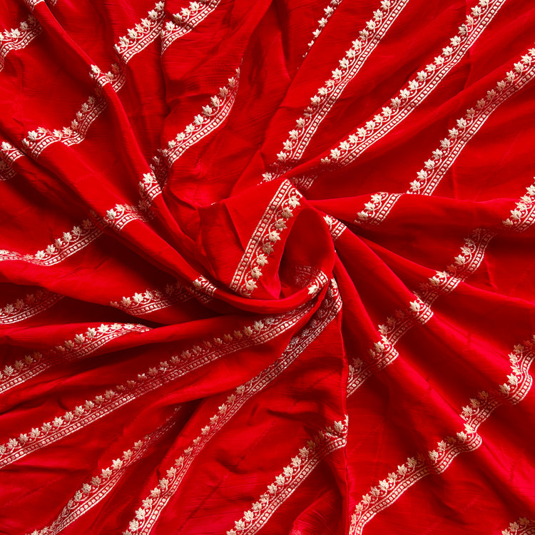 Red Crepe Stripe Zari Woven Fabric